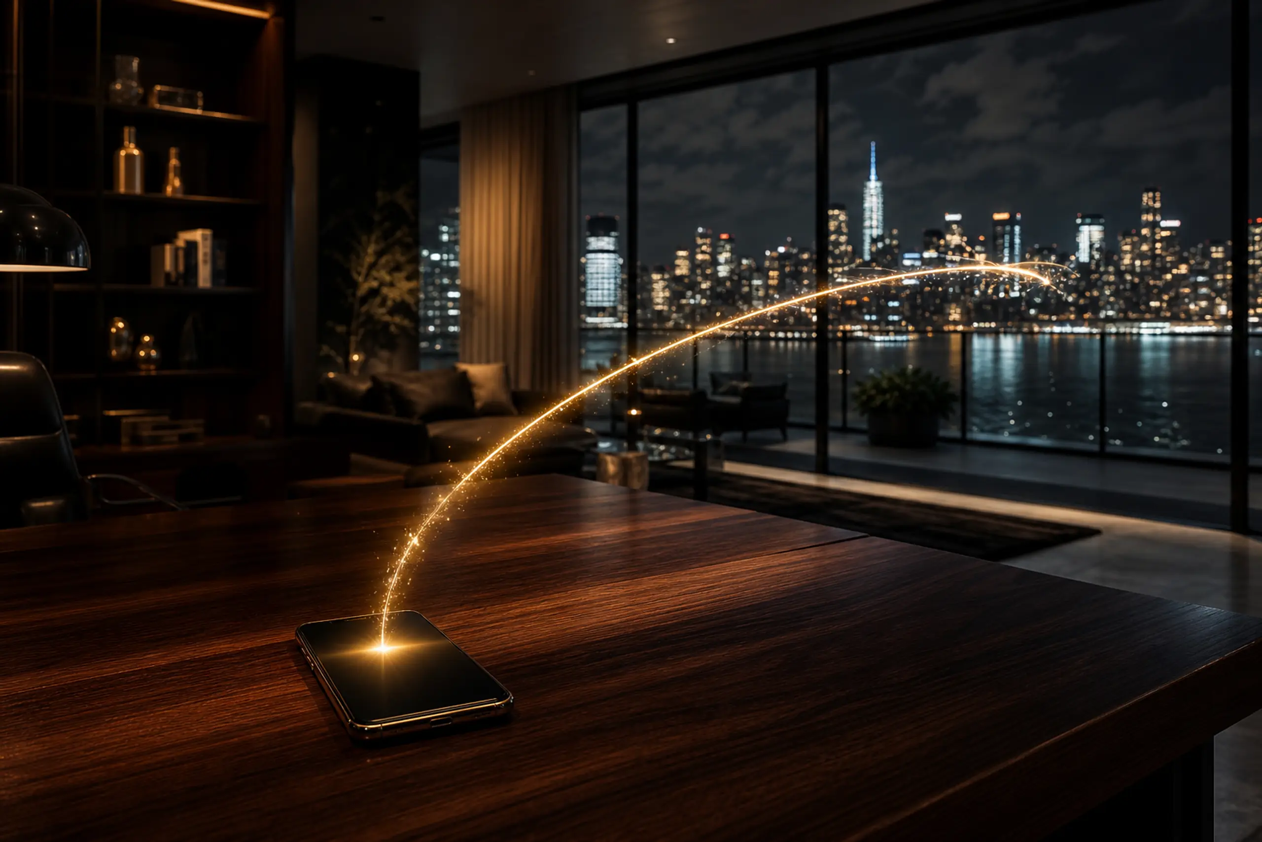 Dusk city view from a luxury balcony with a champagne light trail from a desk phone — connect before the buyer goes cold