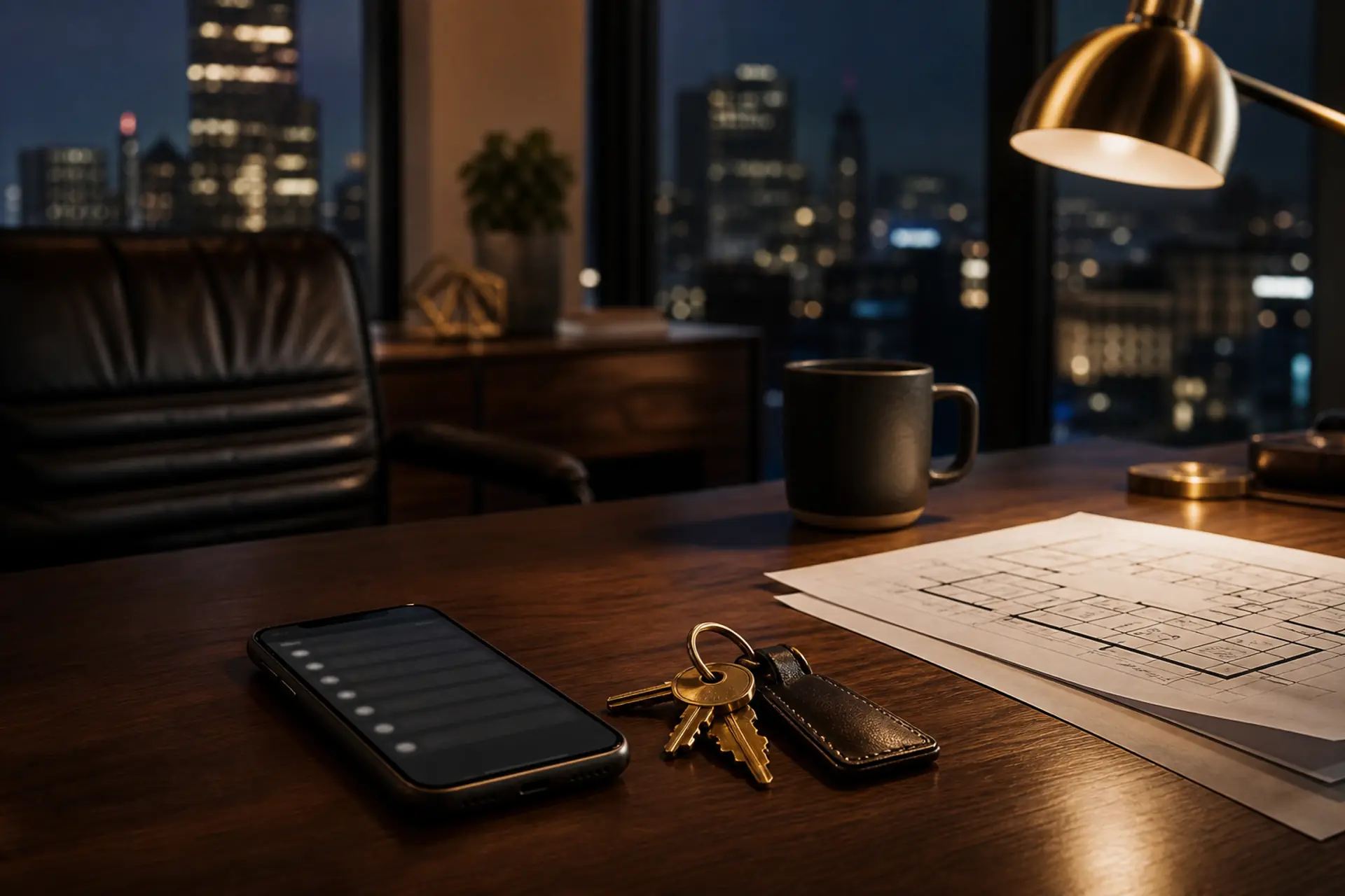 Broker desk at dusk — missed calls and unread messages beside property keys while a deal cools