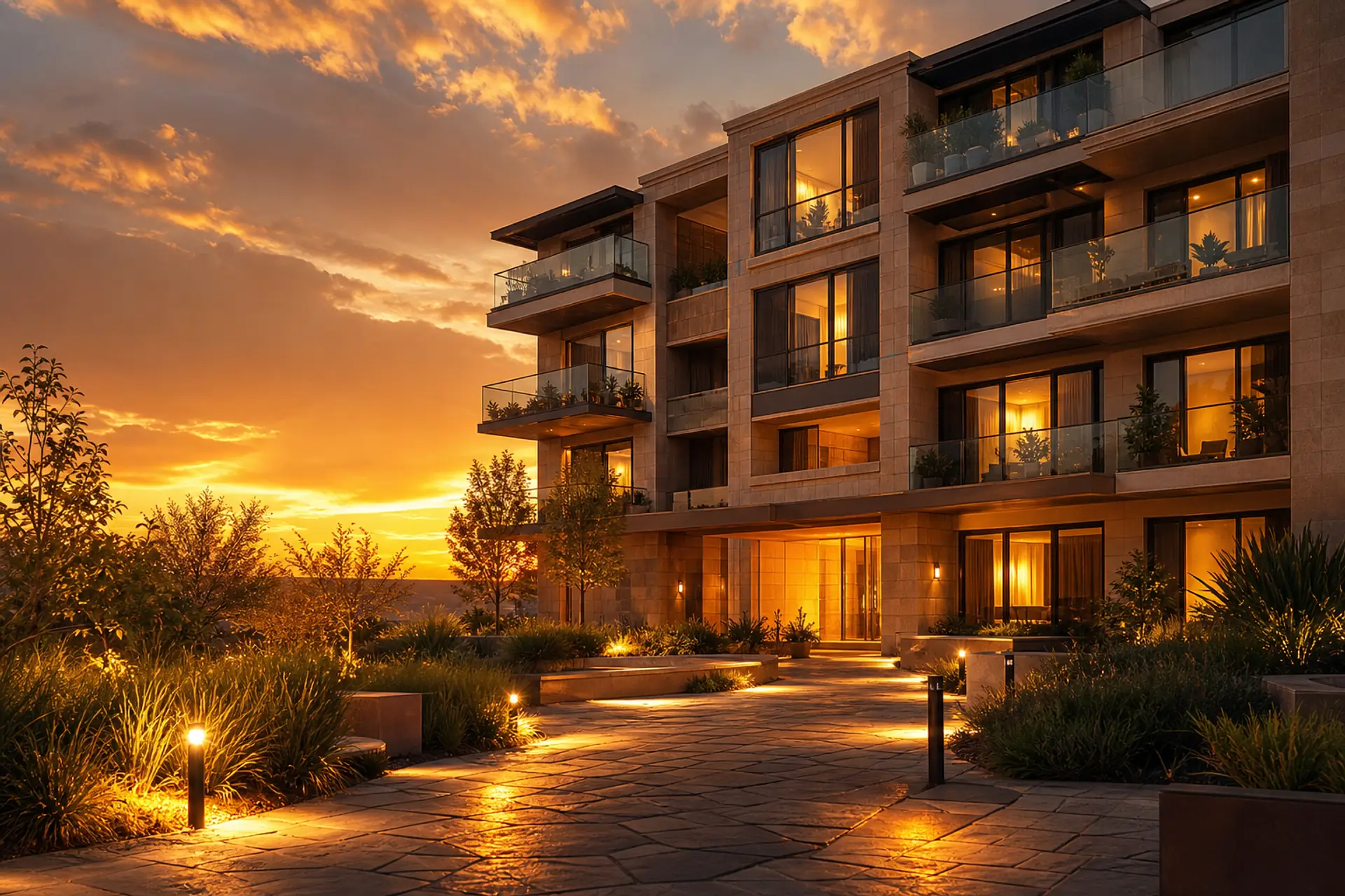 Warm path of light leading to a modern residence — signal to recovered opportunity